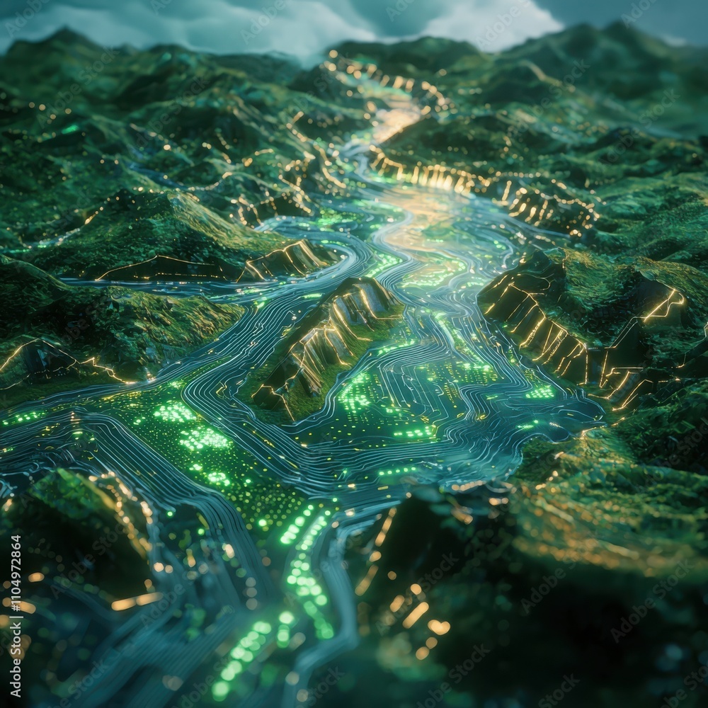 Poster exploring technological ecosystems circuit board landscapes data stream rivers virtual environment a