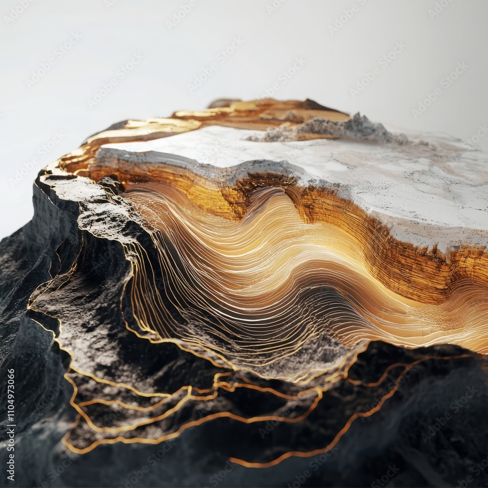 Poster visualizing tectonic plate movements as digital wave patterns geological data rendering in earth ton