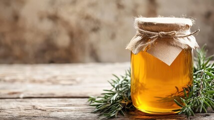 Rustic Honey Jar on Wooden Counter with Herbs