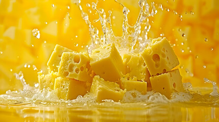 Yellow Cheese Cubes Splashing in Liquid - Food Photo