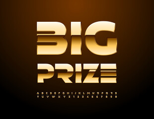 Vector digital badge Big Prize. Futuristic style Font. Golden set of Chic Alphabet Letters and Numbers
