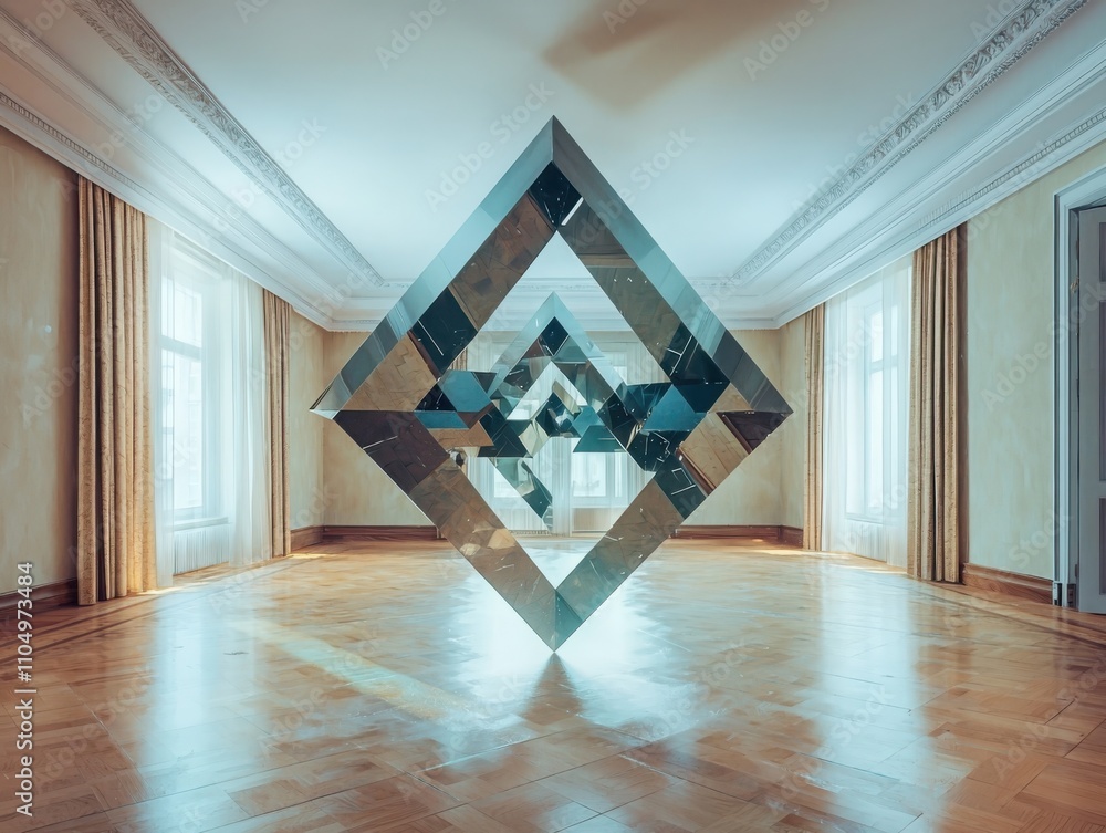 Poster exploring the unconventional room of non-euclidean geometry a surreal experience in contemporary arc