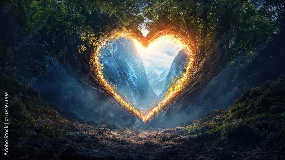 Poster enchanting twisted tree archway glowing in mystical forest nature scene fantasy perspective for capt