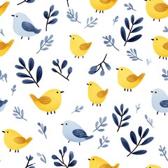 Obraz premium A whimsical pattern featuring colorful birds and foliage, ideal for fabric or wallpaper design.