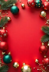 Christmas ornaments and decorations on a red background