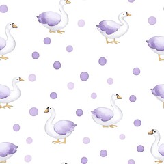 Obraz premium A whimsical pattern featuring white and purple geese and polka dots on a light background, perfect for children's decor or fabric design.