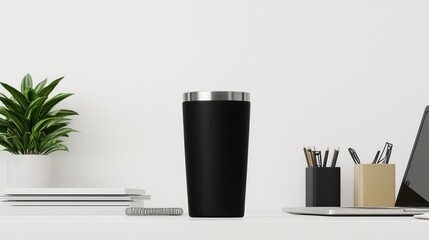 Modern Professional Workspace with Tumbler Mockup and High-End Stationery on Elegant Desk