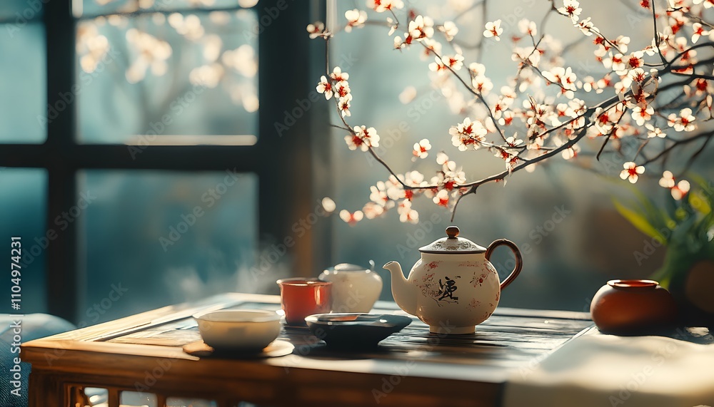 Poster a tranquil scene featuring a traditional tea set with blooming branches in the background. soft ligh