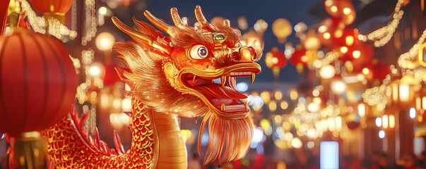 Fototapeta premium A vibrant dragon lantern illuminated during a festive night, surrounded by colorful hanging lights and decorations. This image captures the essence of cultural celebrations.
