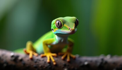 A green lizard with yellow spots on its head sitting on a branch