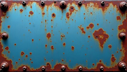 Rusted blue panel with circular dots of rust on a dark background