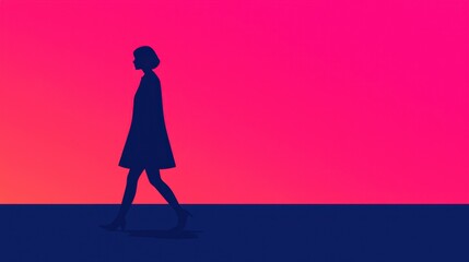 A silhouette of a figure walking against a vibrant pink and purple gradient background, creating a striking visual contrast.,burnout concept