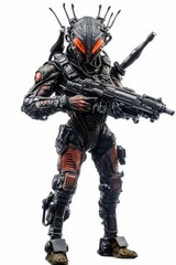 Futuristic soldier, armored, wielding large firearm.