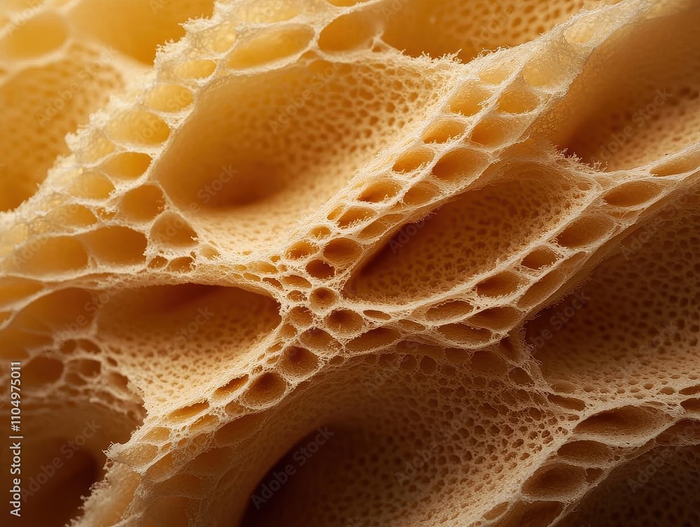 Poster A close-up of textured, honeycomb-like material showcasing intricate patterns and porous structures in warm, neutral tones.