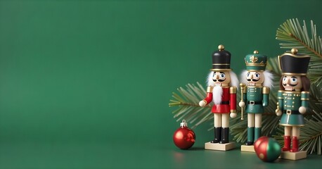 A wooden nutcracker soldier figure with a green uniform and hat, standing next to red Christmas ornaments on a green background