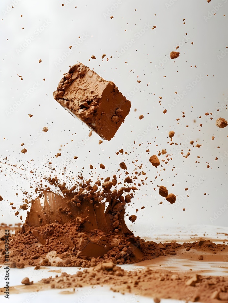 Poster a chocolate block suspended above a splash of cocoa powder, creating a dynamic visual effect.