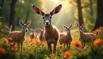 Fototapeta premium Baby deer in the grassy field at sunrise