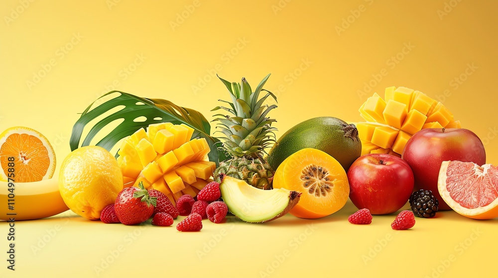 Canvas Prints A variety of fresh fruits on a yellow background.