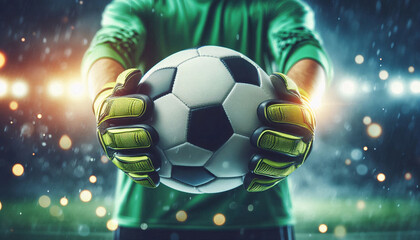 Close-up of a soccer goalkeeper holding a ball in gloved hands under stadium lights during rain