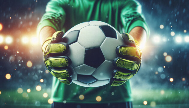 Close-up of a soccer goalkeeper holding a ball in gloved hands under stadium lights during rain