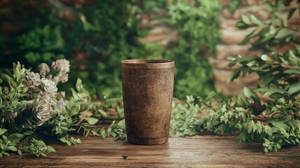 Fototapeta premium Cozy Rustic Tumbler Mockup on Wooden Table Surrounded by Nature and Warmth