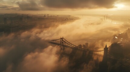 Cityscape Bridge Enveloped In Morning Fog During Sunrise