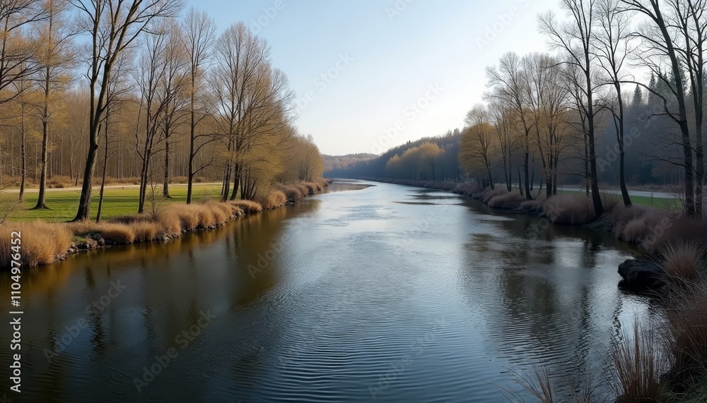 Poster clear river running through a forest with bare trees