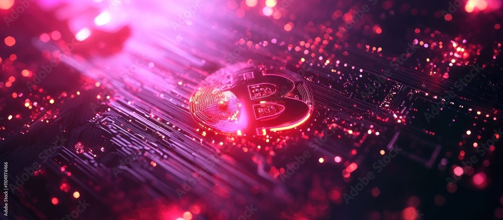 Poster a glowing bitcoin symbol sits on a circuit board, surrounded by red and pink light.