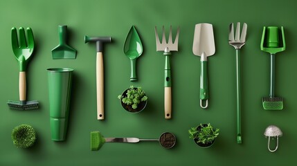 A flat lay of various gardening tools and plants on a green background.