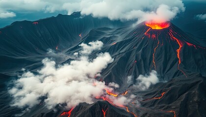 Dramatic scene of an erupting volcano with lava flows and smoke against a backdrop of rugged mountains, capturing the raw power of nature.

