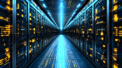 3D Illustration of a Futuristic Server Room