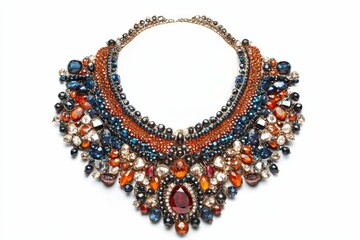 Obraz premium Ornate gemstone necklace; blue, orange, red hues.