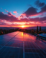 Fototapeta premium Sunset view of solar panels on a residential urban rooftop, casting long shadows with a vibrant sky in the background