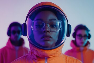 A cinematic still of an orange spacesuit with a large glass visor and headphones