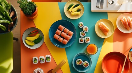 A colorful dining table in a kitchen featuring vibrant dishes of sushi and vegetables, with a modern desk space beside it for meal prep and recipe browsing 