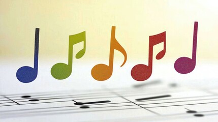 Naklejka premium Musical notation display with colorful notes on sheet music in a creative studio environment