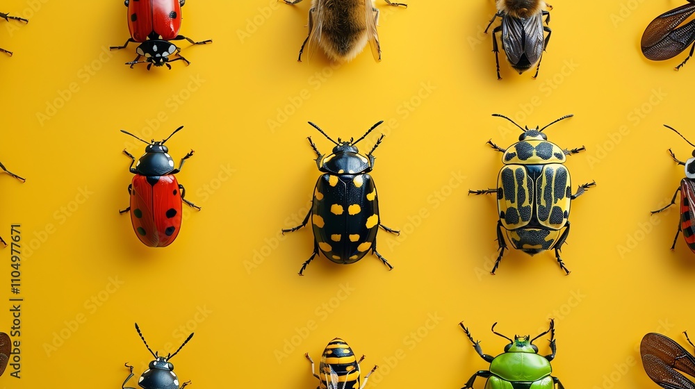 Poster an array of colorful insects on a yellow background.