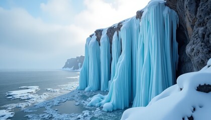 Ice formations on rocky cliff by ocean