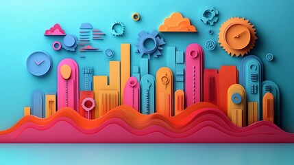 Fototapeta premium 3D paper-cut art of a business plan timeline, showcasing layered events and icons in a detailed, strategic arrangement on a solid color background.