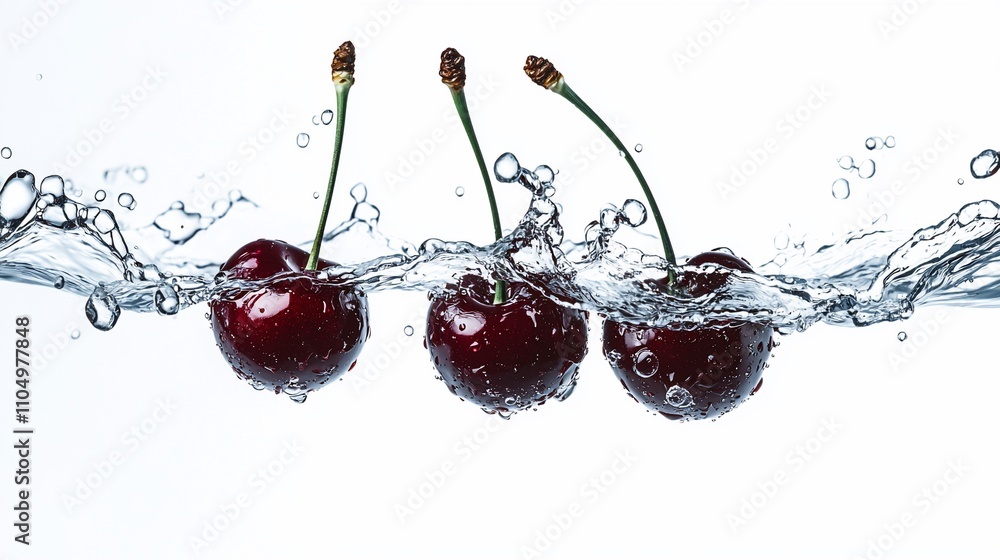 Poster fresh cherries in water splash. three ripe cherries are gently submerged in water, creating a dynami