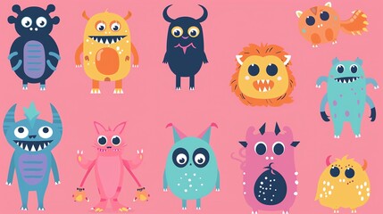 A set of colorful cartoon monsters on a pink background.