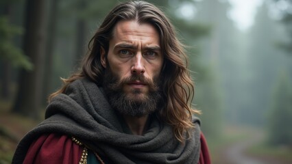 In a serene, foggy forest, a robust man with flowing hair and a beard gazes thoughtfully into the distance, wrapped in a heavy cloak, embodying a sense of mystique