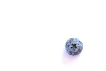 Single blueberry on white background with copy space.