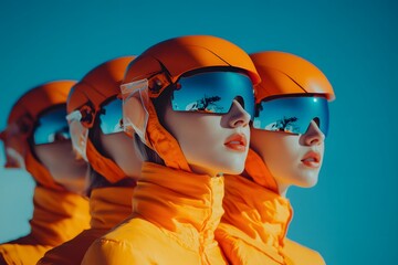 A frame from the music video, three beautiful women in orange futuristic helmets with holographic glasses and made of fabric stand next to each other