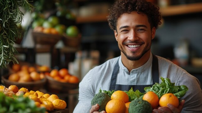 A smiling man with curly hair holds a basket of fresh produce in a grocery store.