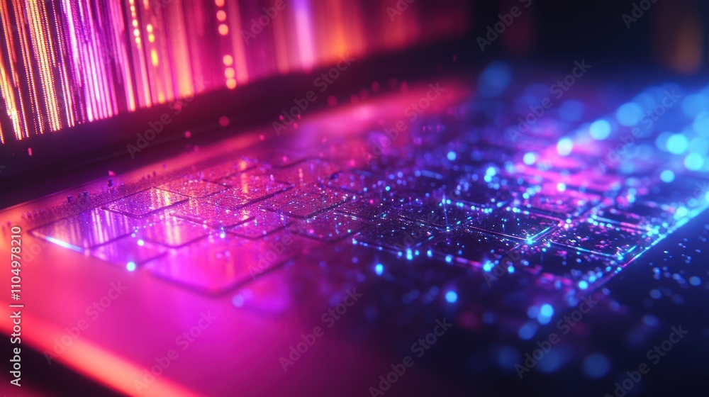 Poster close-up of a laptop keyboard illuminated with colorful neon lights, showcasing the abstract concept