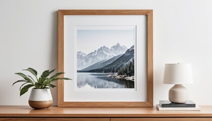 Framed photograph of a mountain range on a wooden shelf with a potted plant and lamp.
