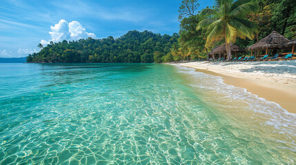 Fototapeta premium An idyllic tropical island with beautiful green vegetation and crystal-clear water, perfect for a relaxing vacation.