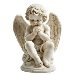 Fototapeta premium Delicate angel baby statue sitting with hands in prayer against a minimalistic transparent background, Angel Baby Statue on transparent background