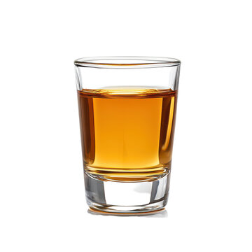 A shot glass filled with amber alcohol stands out against a clean transparent background, highlighting its rich color, Alcohol in Shot Glass Isolated, transparent background.
